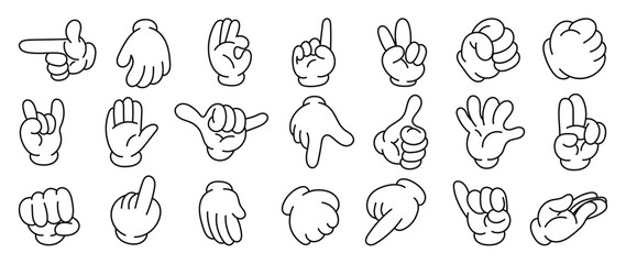 Set of 70s groovy comic hand vector. Collection of cartoon character hands, in different poses, okay, pointing, victory sign, high five. Cute retro groovy hippie illustration for decorative, sticker.
