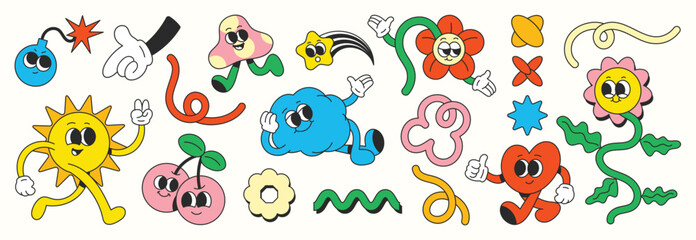 Set of 70s groovy element vector. Collection of cartoon characters, doodle smile face, flower, donut, bomb, star, sparkle, bubble, cherry, sun. Cute retro groovy hippie design for decorative, sticker. - obrazy, fototapety, plakaty
