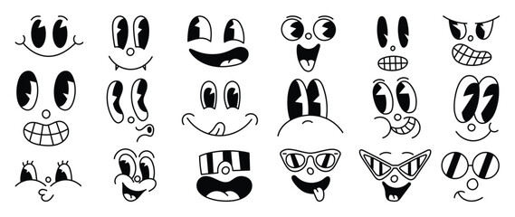 Set of 70s groovy comic faces vector. Collection of cartoon character faces, in different emotions, happy, angry, with sunglasses. Cute retro groovy hippie illustration for decorative, sticker.
