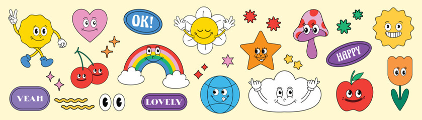 Set of 70s groovy element vector. Collection of cartoon characters, doodle smile face, flower, tulip, rainbow, speech bubble, cherry, apple. Cute retro groovy hippie design for decorative, sticker.