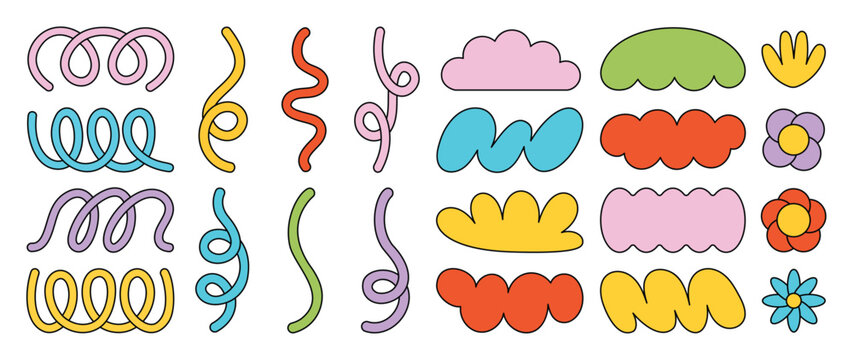 Set of 70s groovy element vector. Collection of abstract shapes, flowers, lines, scribbles, stripes, doodle ropes, banner for text. Cute retro groovy hippie illustration for decorative, sticker.