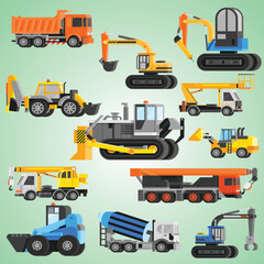 Fototapeta na wymiar vector construction icons set bulldozer machinery truckload crane excavator mixer