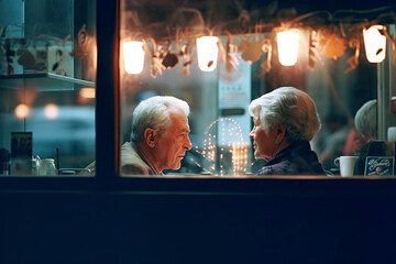 An Elderly Couple's Coffee Date at a Neon-lit Bar. Generative AI, Generative AI