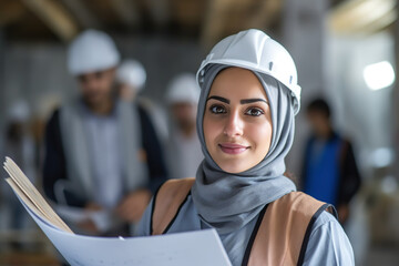 Arab woman architect holding blueprint. Generative AI, Generative AI