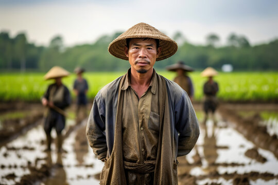 Chinese farmer working in a rice plantation. Generative AI, Generative AI
