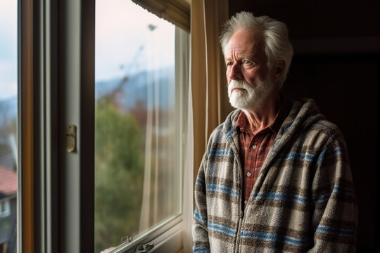 Retired man sad depressed near the window. Generative AI, Generative AI