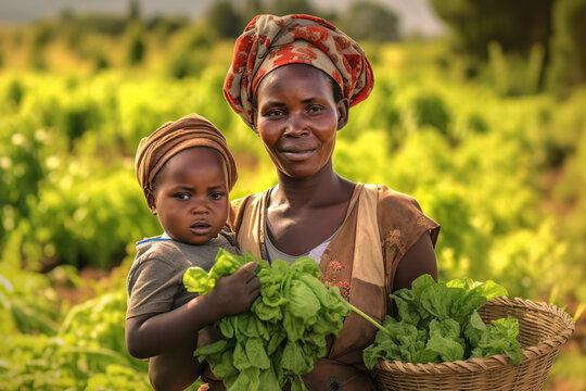 Female african farmer with her baby. Generative AI, Generative AI