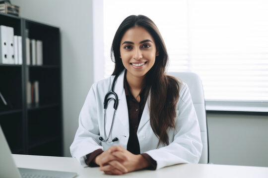 Portrait of latin caucasian doctor at her desk. Generative AI., Generative AI