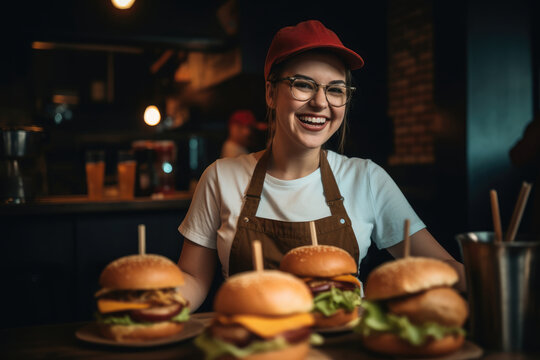 Happy caucasian waitress holding burgers at restaurant. Generative AI., Generative AI