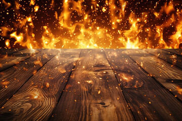 Natural wooden board texture background surrounded by flame and bright fire sparks. Product presentation template. Generative art