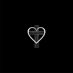 Religious cross and heart icon isolated on dark background