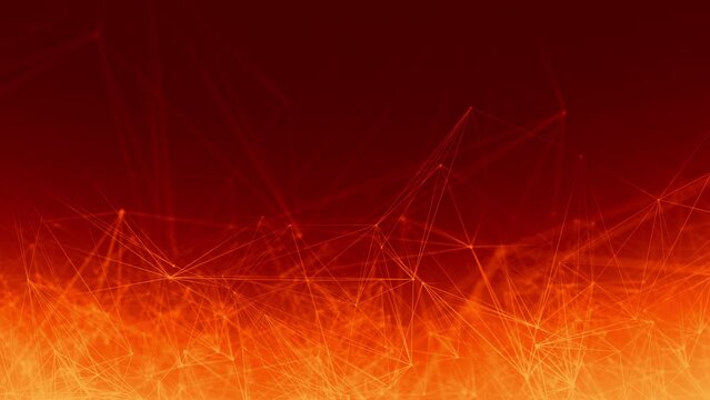 Red and orange gradient wallpaper vj loop background. Fantasy abstract technology, engineering science backdrop with particles and plexus connected lines. Wireframe 3D animation and copy space
