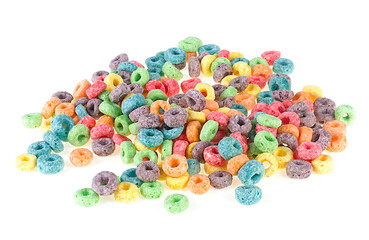 Pile of delicious and nutritious fruit cereal rings isolated on a white background. Colored...