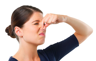 Holding nose, disgust or woman frustrated by bad smell or odor isolated on transparent png background. Face, bad breath or girl with gross, smelly or disgusted expression for stink, scent or aroma - obrazy, fototapety, plakaty