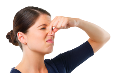 Holding nose, disgust or woman frustrated by bad smell or odor isolated on transparent png background. Face, bad breath or girl with gross, smelly or disgusted expression for stink, scent or aroma