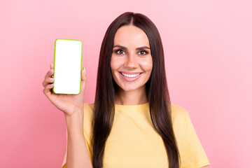 Photo of pretty adorable woman dressed yellow t-shirt rising apple iphone samsung modern gadget...