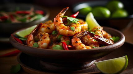 Generative AI image of a tantalizing Thai-style prawn dish: plump prawns sautéed in fragrant lemongrass-infused sauce, with a burst of spicy chili, best served with a side of steamed jasmine rice