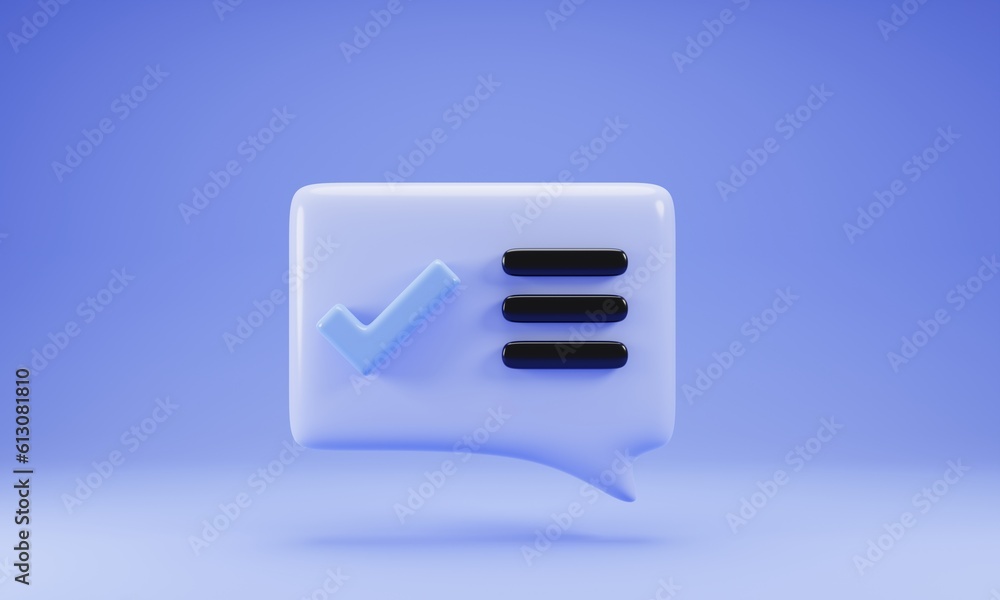 Poster 3d rendering bubble chat icon with checklist symbol. 3d illustration