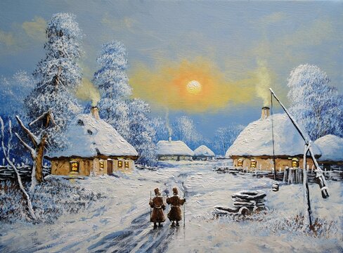 Oil paintings rural landscape, old village, winter landscape with snow covered trees, winter landscape with snow covered bridge