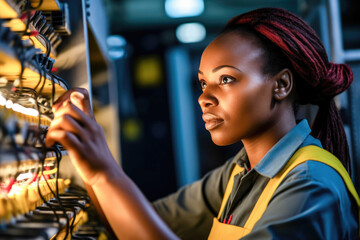 A young black female electrician working to fix a problem in a house. Generative AI. 