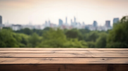 Fototapeta premium Free Space Empty Wooden Table for Display product, Blurred City Park, Generative AI 
