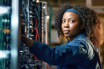 Fototapeta na wymiar A young black female electrician working to fix a problem in a house. Generative AI. 