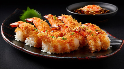 Generative AI image of an exquisite Japanese-style prawn dish: succulent prawns perfectly tempura-battered and fried to a golden crisp, best served alongside a bed of delicate sushi rice