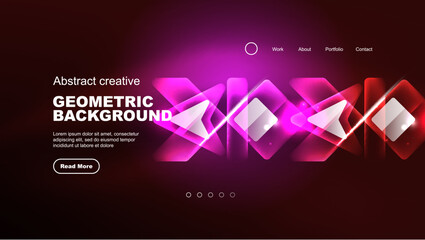 Abstract background landing page, geometric shape illuminated with glowing neon light on dark background. Futuristic city lights concept