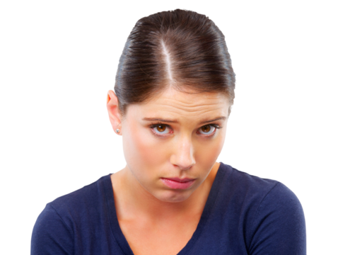 Woman, portrait with ashamed face and sorry, mistake or fail with regret and sad isolated on transparent png background. Female person with anxiety, facial expression and embarrassed, shy and guilty