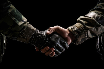 Truce. Handshake of two unrecognisable military persons. Photorealistic generative art - obrazy, fototapety, plakaty
