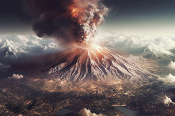 Eruption of massive Volcano, aerial view, stunning photorealistic art