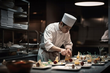Obraz na płótnie Canvas chef prepares gourmet dish in a restaurant. Generative AI