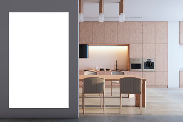 Front view of grey wall with white poster on a modern kitchen interior background with wooden dining table with chairs, mockup. 3D Rendering