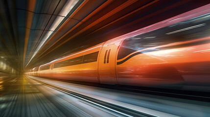Fototapeta na wymiar Subway train at the platform blurred in motion. Photorealistic illustration generated by Ai
