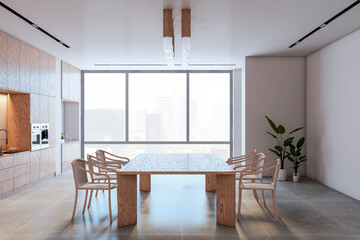Side view of modern kitchen interior design with wooden dining table with chairs, tiles floor and contemporary lamps. 3D Rendering