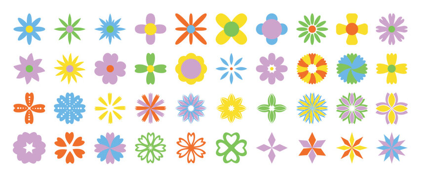 Set of abstract retro geometric shapes vector. Collection of contemporary figure, flower, botanical, sparkle, snowflake. Bauhaus Memphis design element perfect for banner, prints, stickers, decor.