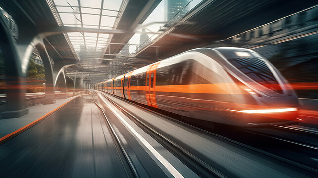 International bullet train blurred in motion. Photorealistic illustration generated by Ai