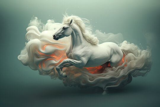 The horse in flowing clouds of smoke. Stunning surreal fine art illustration generated by Ai