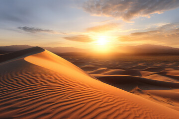 Fototapeta na wymiar Stunning unset over the majestic sand dunes. Photorealistic landscape illustration generated by Ai