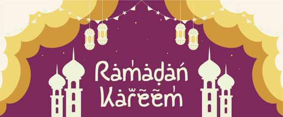 Ramadan Kareem vector background simple ramadan Kareem arabic calligraphy vector, vector design with mosque Glowing Lantern
