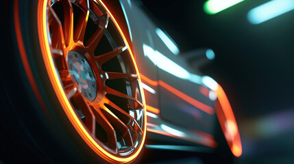 Car wheel in focus. Blurred motion and light trails. Generative art