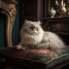 Regal Persian Cat Lounging by the Fireplace