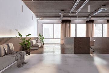 Luxury concrete and wooden coworking office interior with panoramic windows and daylight. 3D Rendering.