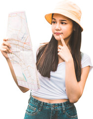 Young asian woman traveler using maps isolated cutout white background