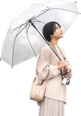 Japanese woman using umbrella on rainy day isolated cutout background