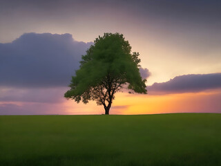 Fototapeta na wymiar Single tree growing on a grassy landscape under a clouded sky generated by ai