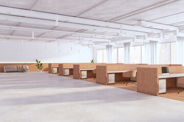 Contemporary bright concrete and wooden coworking office interior with panoramic windows and daylight. 3D Rendering.