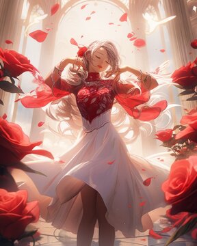 Stunning anime girl in beautiful dress with roses in light interior blonde photograph low angle action pose.