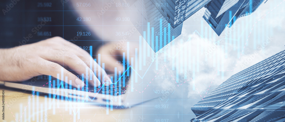 Aufkleber close up of male hands using laptop on abstract wide city background with forex chart and grid. fina
