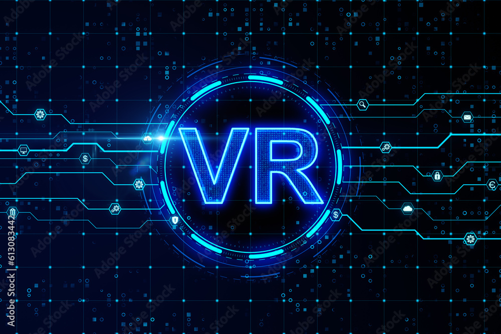 Poster VR neon style banner on dark blue background with microcircuit. 3D Rendering